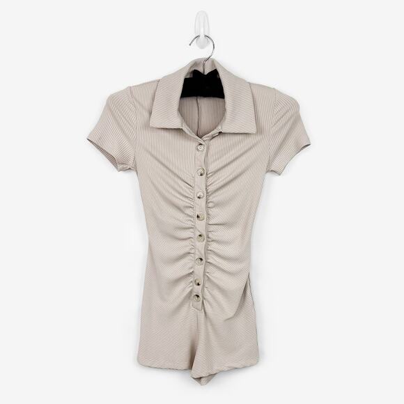 Princess Polly Thea Romper Size 2 Beige Ribbed Playsuit Neutral Comfy Lounge - Picture 1 of 4